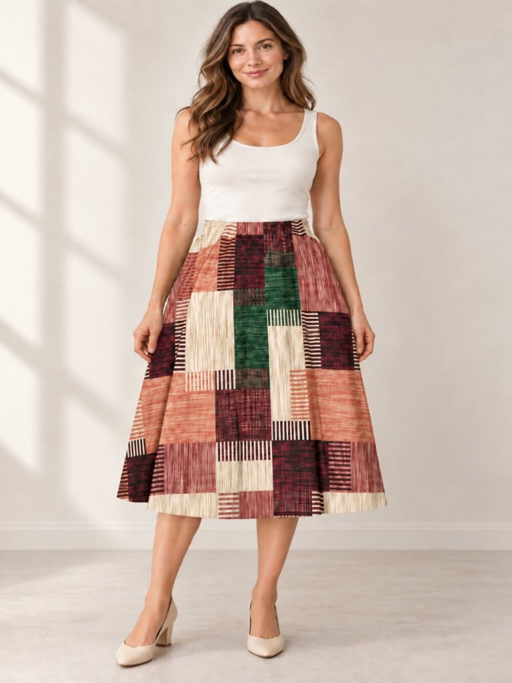 Boho Earth Tone A-Line Skirt Burgundy Green Cream Made in Italy